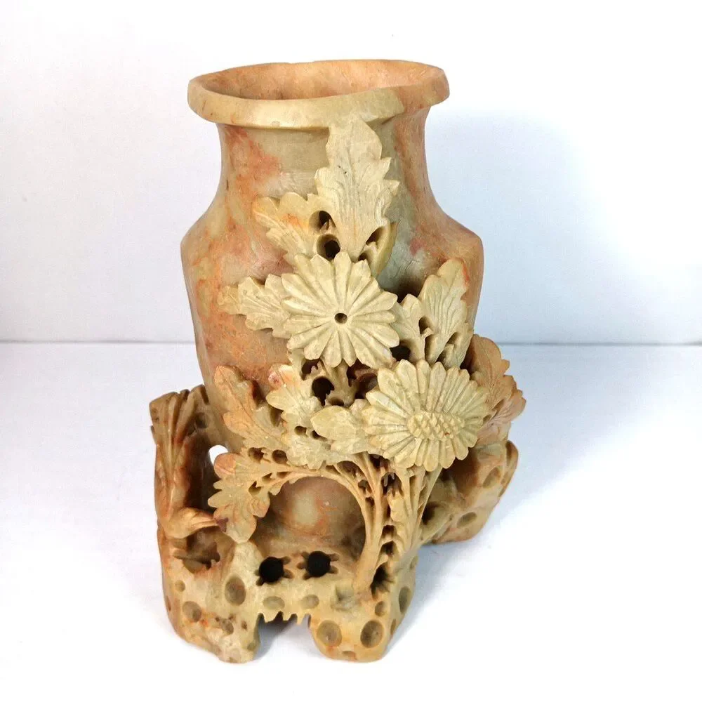Vintage Hand Carved Single Soapstone Chinese Vase 6.25
